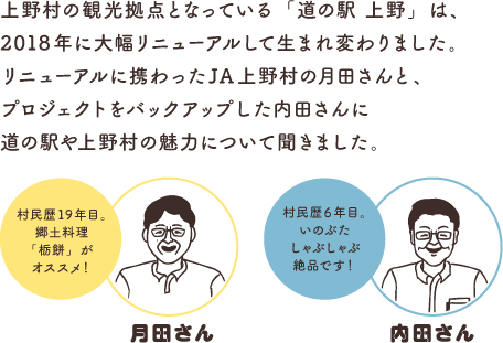 上野村の観光拠点となっている「道の駅 上野」は、2018年に大幅リニューアルして生まれ変わりました。リニューアルに携わったJA上野村の月田さんと、プロジェクトをバックアップした内田さんに道の駅や上野村の魅力について聞きました。